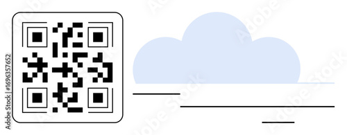 QR code placed beside a soft blue cloud, indicating digital access, cloud storage, and connectivity. Ideal for technology, innovation, cloud computing, data, access modern design simple flat