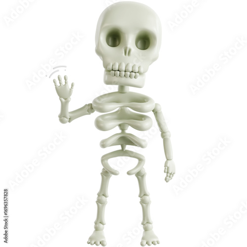 Friendly cartoon skeleton waving hello against a white background.