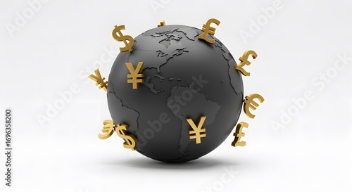 A global representation of currencies around the world. The globe showcases different currencies, highlighting the interconnectedness of global finance and the power of money. 