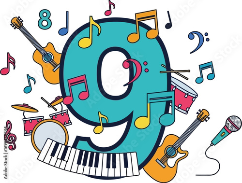 Number nine bursts with vibrant musical instruments and notes, celebrating the joy of sound.