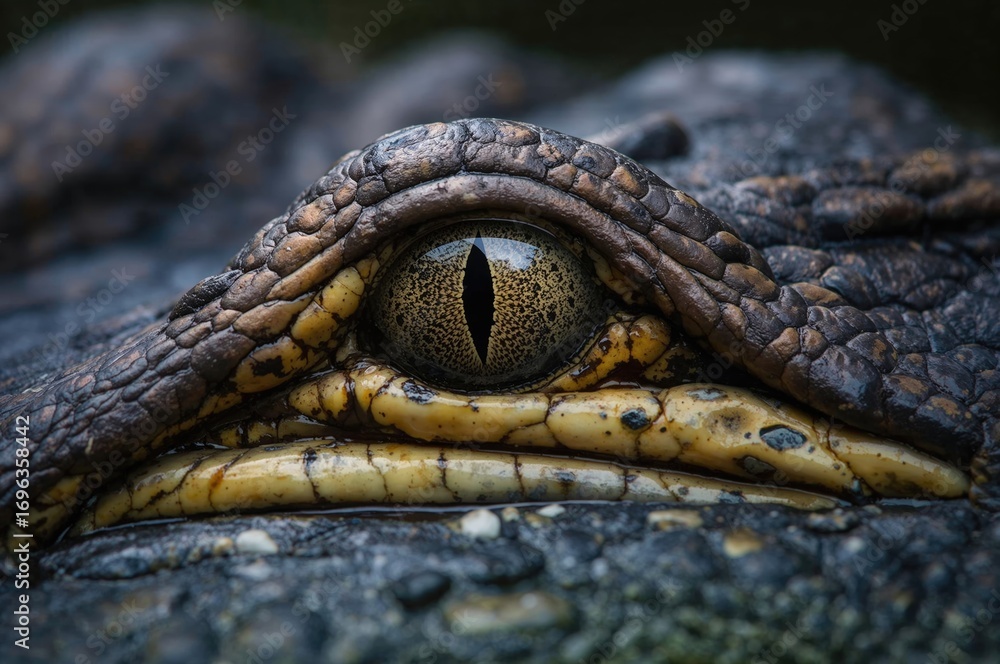 Fototapeta premium Close-up of a crocodile's eye with textured skin, abstract nature background, animal portrait wallpaper