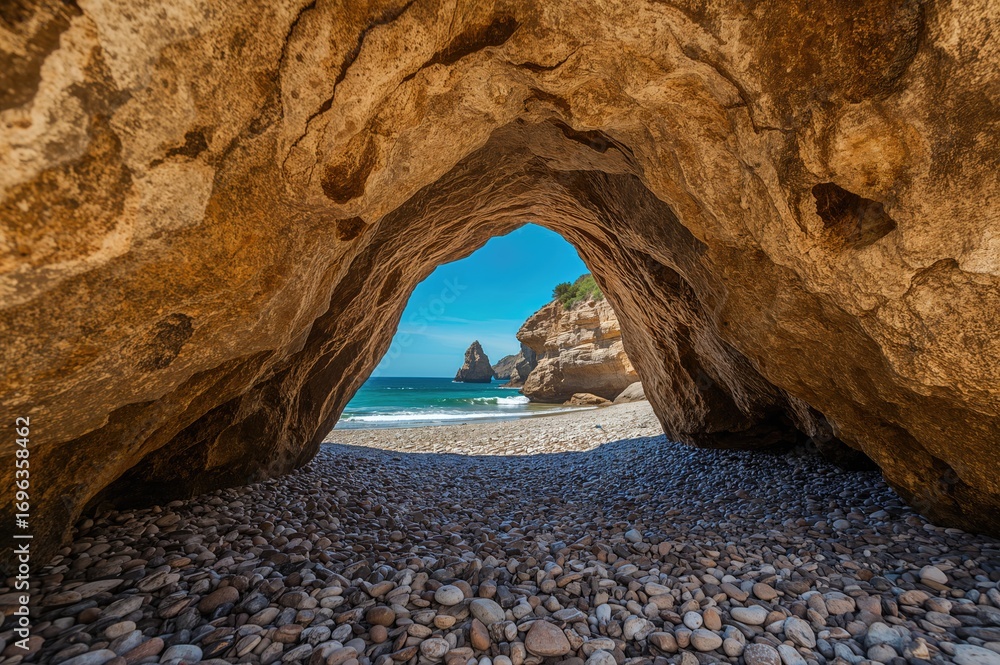 Fototapeta premium A rocky sandstone arch outlines a vibrant beach scene under clear skies, highlighting textured stones and pebbles in a breathtaking coastal landscape perfect for exploration and geological interest.