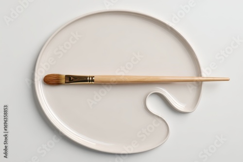 Wallpaper Mural A clean wooden paintbrush with a golden ferrule on an empty, off-white artist's palette against a white background. Torontodigital.ca