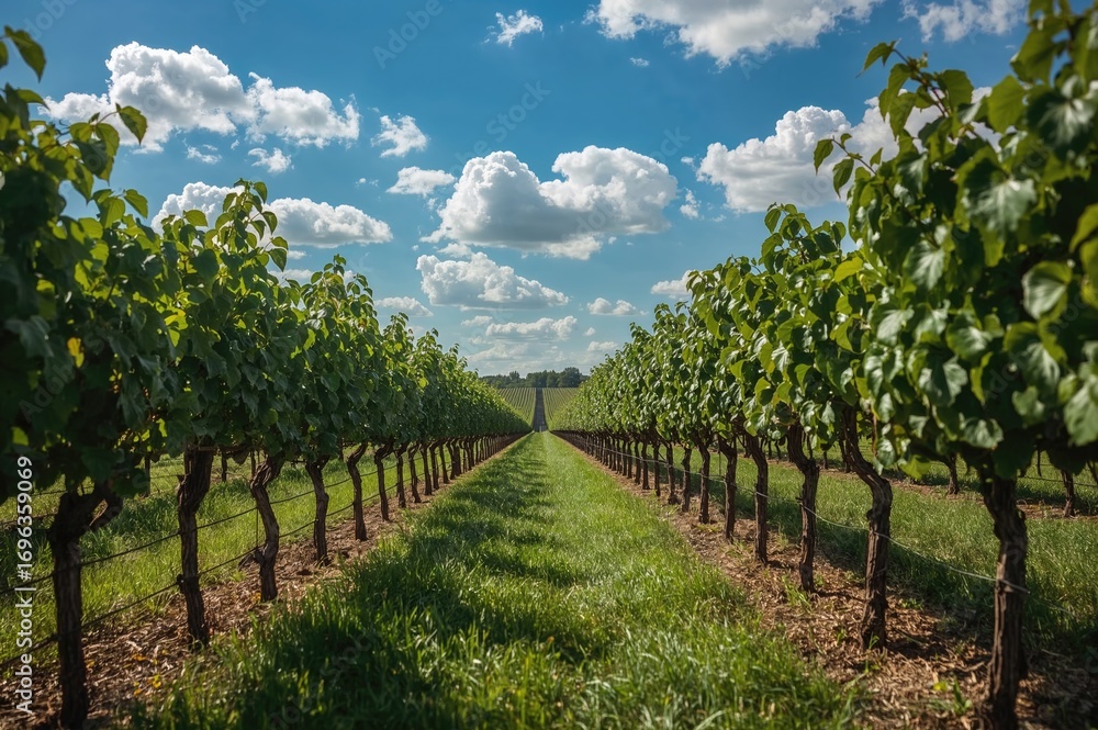 Naklejka premium Striking symmetrical view of grapevines at a countryside vineyard with vibrant green and blue hues.