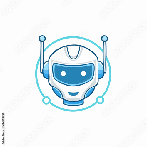 Friendly robot head logo, blue and white, circular design.