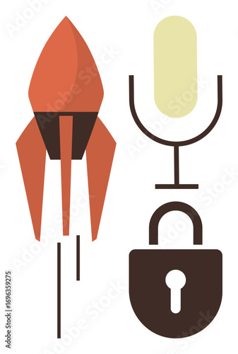 Rocket launching, microphone and lock symbolize progress, voice, and safety. Ideal for technology, communication, security, innovation creativity voice platforms business strategy themes. Minimal