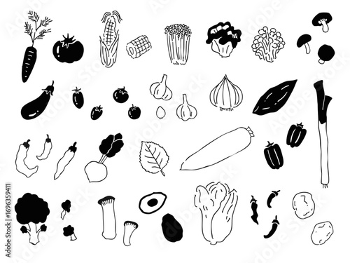 野菜の線画イラストセット（手書き風・ベクター素材・農業・食品デザイン）