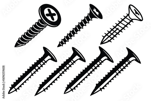Collection of wood screws on white background isolated on white background