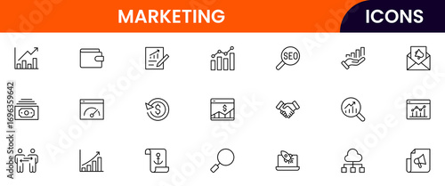 Vector illustration web line icon collection for sales & marketing: funnels, charts, promotions, and customer engagement symbols in a vibrant, modern, and dynamic design style.
