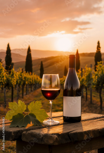 Red wine bottle and glass on wooden table overlooking Tuscan vineyard at sunset