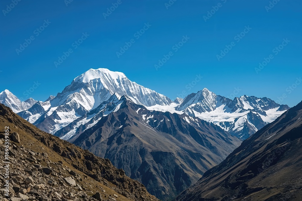 Fototapeta premium Scenic outlook of a prominent Andean peak featuring multiple passes, popular among hikers.