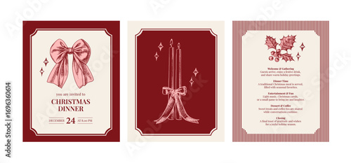 Christmas dinner invitation cards with hand drawn holiday bow, candels and holly branch. Festive mood, elegant vintage style. Vector sketch illustration.