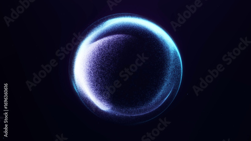 Glowing blue abstract sphere made of tiny light particles on dark background. Futuristic digital design for modern concepts