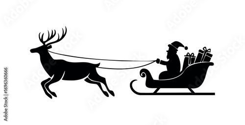 Santa Claus is flying in sleigh with Christmas reindeer. Silhouette of Santa Claus, sleigh with Christmas presents and reindeer
