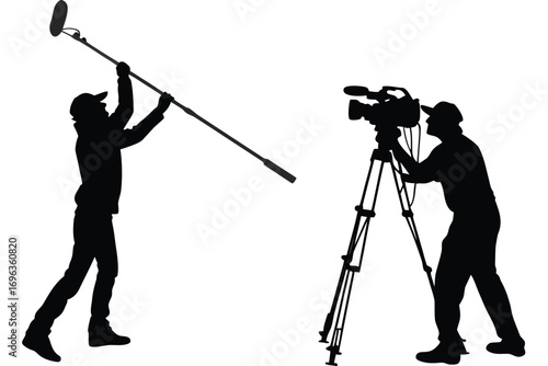 Filmmakers recording with boom microphone and camera isolated on white background