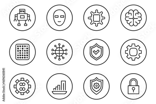 Twelve circular hand-drawn icons for AI, technology, and security on white robot artificial intelligence