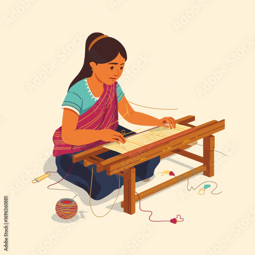 Vector of Traditional Handloom Artisan Weaving Colorful Fabric