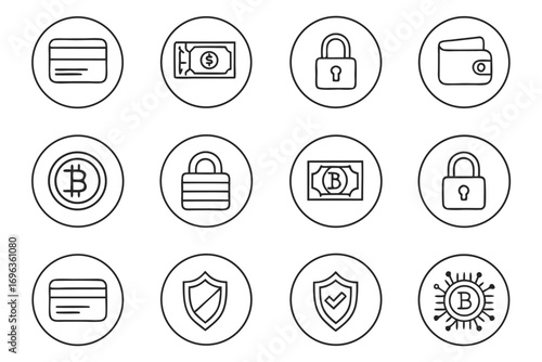 Twelve cryptocurrency and security icons in circular frames credit card money