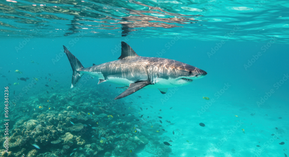 Fototapeta premium Great white shark swims near coral reef in clear blue water
