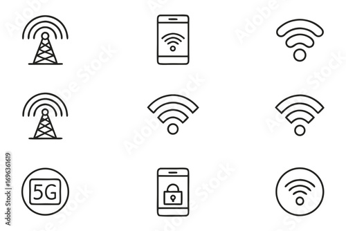 Wireless Communication Icons with 5G, Wi- Fi, and Cell Tower Symbols Keywords: wireless, communication