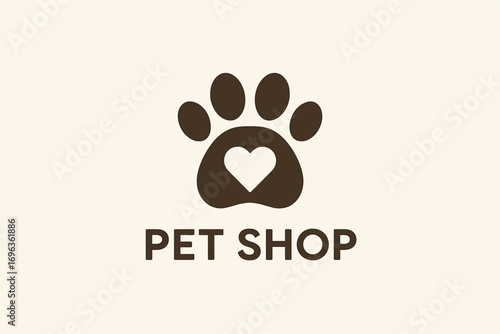 Pet Shop Logo with Paw Print and Heart Symbol.