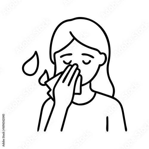 Vector art of sick woman with runny nose using tissue