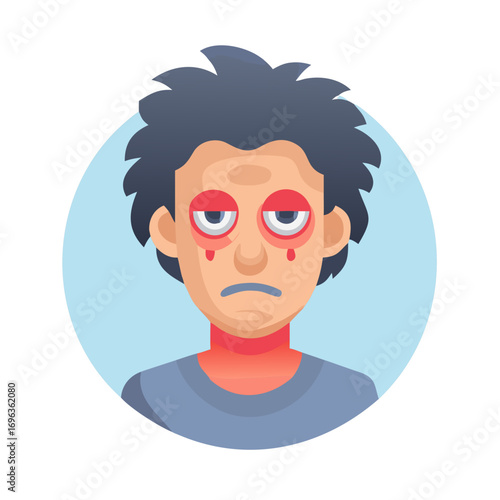 Vector art of man with red eyes and face, a sign of exhaustion