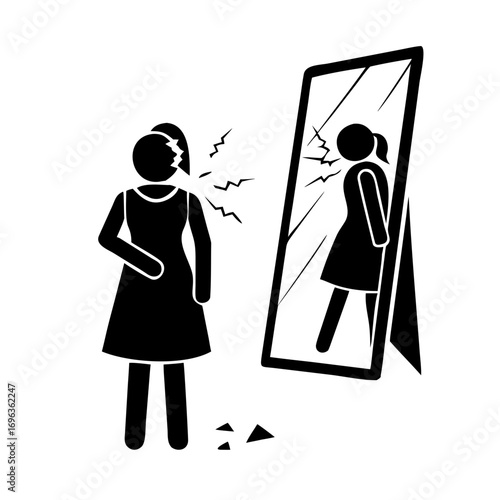 Vector art of a woman is angry and breaking the mirror because of her appearance