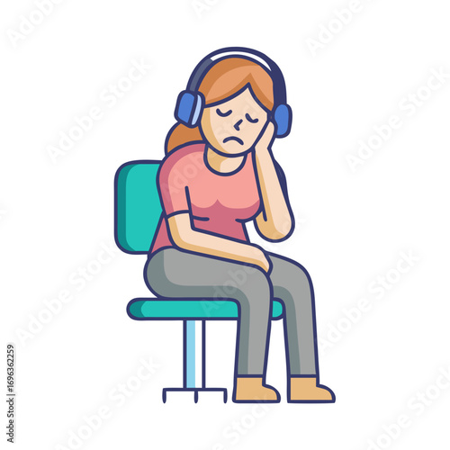 Vector art of sad woman listening to music