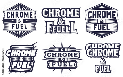 Chrome and fuel lettering emblems with vintage design suitable for hot rod enthusiasts motorcycle graphics retro automotive branding motorhead subculture projects and vintage based merchandise