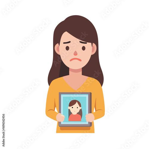 Vector art of sad woman holding a tablet with picture