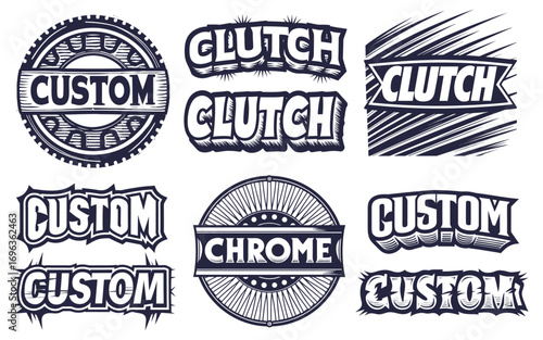 Retro monochrome emblems with bold lettering and graphic badges suitable for classic car branding motorcycle apparel posters hot rod visuals greaser themes, vintage automotive promotional merchandise