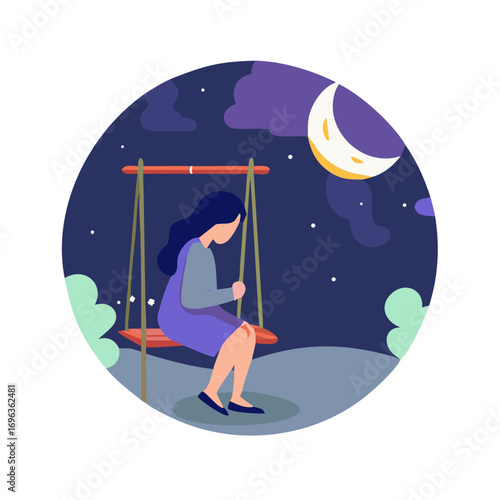 Vector art of a girl sitting on a swing at night under the moonlight alone