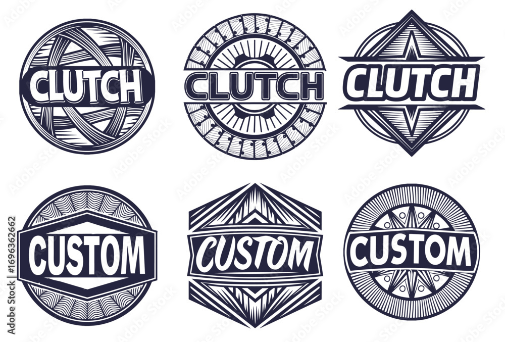 Obraz premium Monochrome vector emblems featuring clutch and custom lettering in circular diamond and hexagonal shapes with radial patterns suitable for automotive branding motorcycle graphics retro design projects