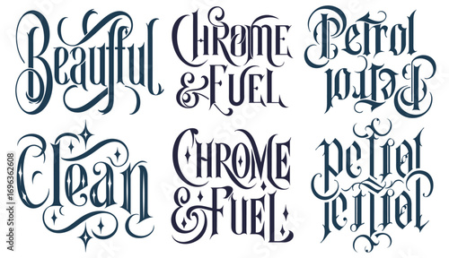 Hand drawn lettering emblems with words chrome fuel petrol and clean featuring vintage typography on white background suitable for retro branding posters hot rod visuals and automotive design projects