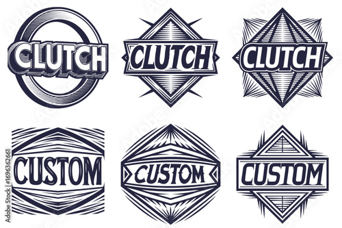 Vintage emblems with clutch and custom lettering inside geometric frames suitable for classic car branding hot rod culture motorcycle graphics retro poster design, automotive promotional merchandise