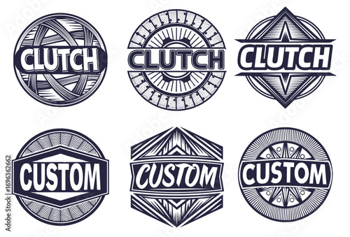 Monochrome vector emblems featuring clutch and custom lettering in circular diamond and hexagonal shapes with radial patterns suitable for automotive branding motorcycle graphics retro design projects