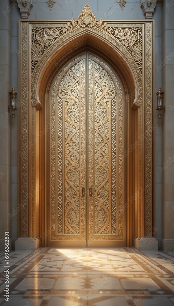 Obraz premium Intricately detailed ornate wooden arched doorway with carved decorative patterns in historic