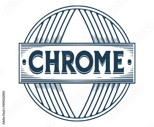 Vintage style chrome lettering enclosed in a circular frame, featuring radiating lines, captures the essence of hot rod and greaser culture with its retro, bold design elements