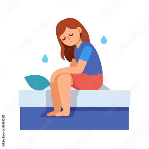 Vector art of sad woman sitting on the bed