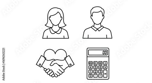 Vector illustration of collection of four icons representing people, a handshake with a heart, and a calculator