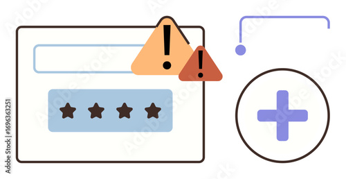 Warning triangles over a password field with rating stars, accompanied by a plus sign and connector. Ideal for security, data protection, login, alert system, online forms, password strength, simple