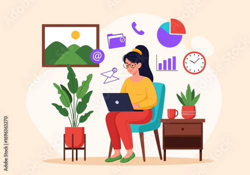 Vector art of young woman working on a laptop at home, surrounded by plants and office icons, representing remote work and productivity