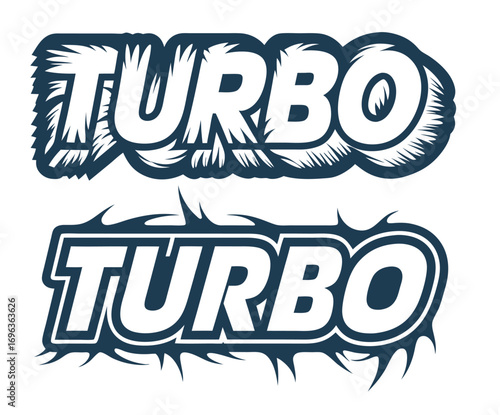Turbo lettering emblems are presented in two versions, using dark blue color and white background, evoking speed and power, suitable for automotive industry