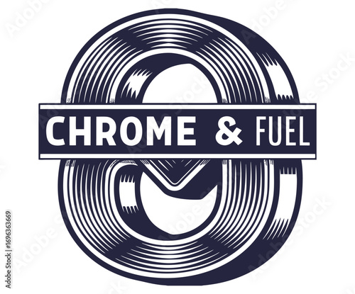 Vintage style emblem featuring the words chrome and fuel over a stylized tire, celebrating hot rod and motorhead culture with a nostalgic touch