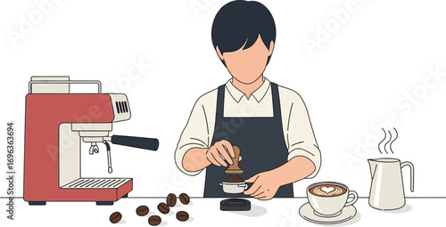 Skilled barista expertly tamps coffee grounds for a perfect espresso, preparing a delightful latte.