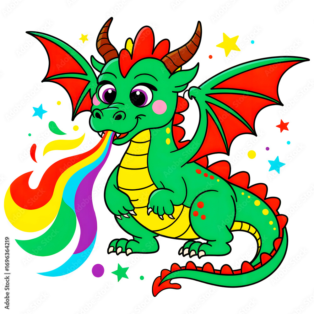 Obraz premium Cute green dragon breathing rainbow fire surrounded by stars and sparkles transparent background