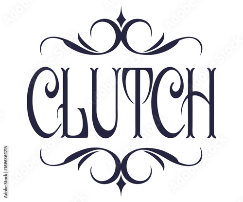 Vintage inspired clutch lettering with decorative swirls and stars evokes classic automotive design, ideal for hot rod enthusiasts and motorheads