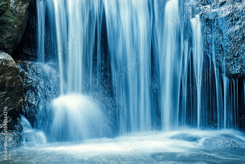 Cascading Waterfall in Dreamy Blues and Whites, a Tranquil Nature Scene