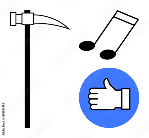 Pickaxe tool, two musical notes, and thumbs-up in blue circle. Ideal for tools, creativity, approval, engagement, productivity, entertainment branding simple landing page